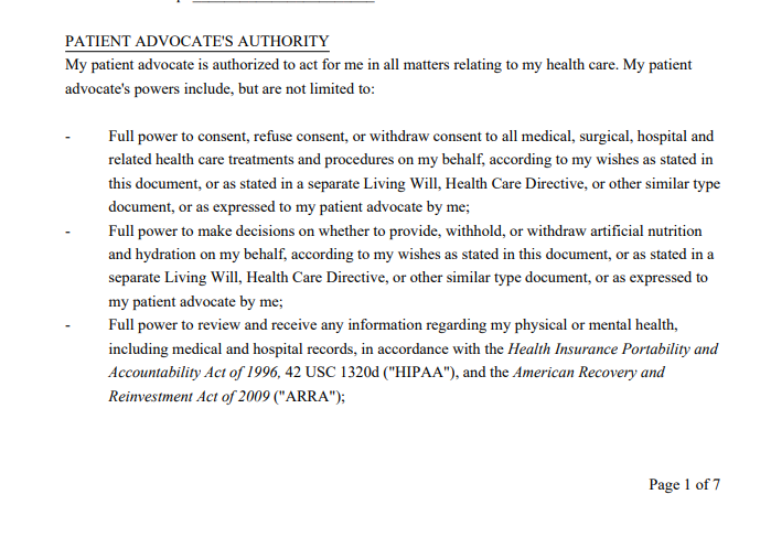 One section from a living will template that outlines part of the patient advocate's responsibilities
