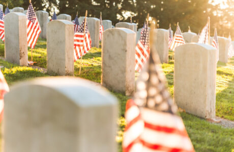 Tombstones in a military cemetery in the morning